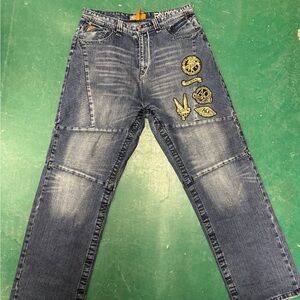 Y2K Akademiks Men's Embroidered Patchwork Wide-Leg Jeans Size 34x32